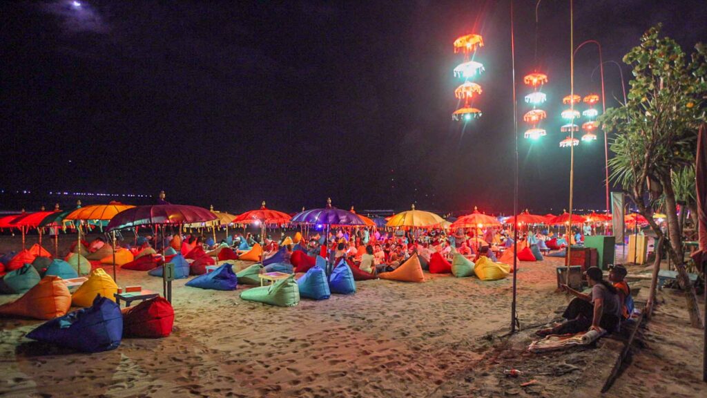 the colorful beanie bags of la plancha in seminyak at night