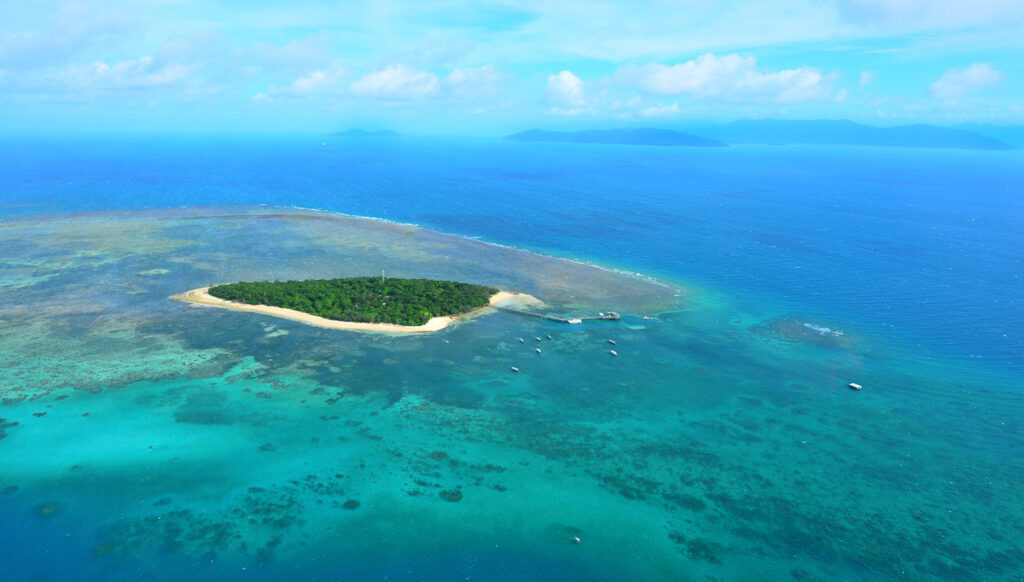 Aerial view of Green Island reef at the Great Barrier Reef near Cairns in Tropical North Queensland, Queensland, Australia.