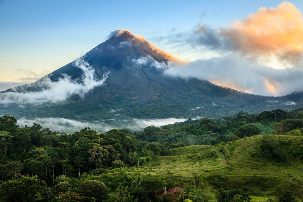 Costa Rica, Arenal Volcano, Scenic sunrise view of the volcano in central Costa Rica