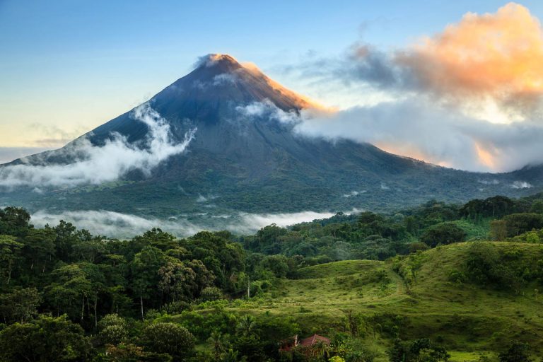 Costa Rica, Arenal Volcano, Scenic sunrise view of the volcano in central Costa Rica