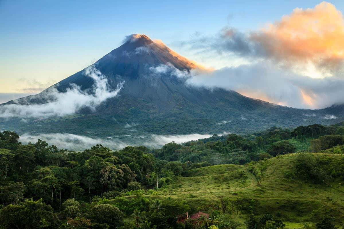 Costa Rica, Arenal Volcano, Scenic sunrise view of the volcano in central Costa Rica
