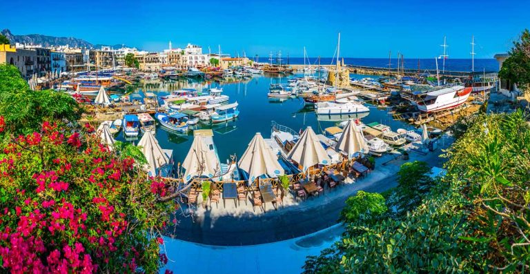 View of a port in Kyrenia/Girne during a sunny summer day, Cyprus