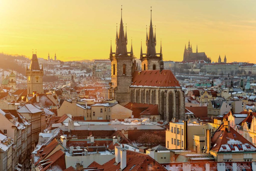Czech Republic, Old Town Prague, Panoramic view of Old Town and the Church of Our Lady before Týn
