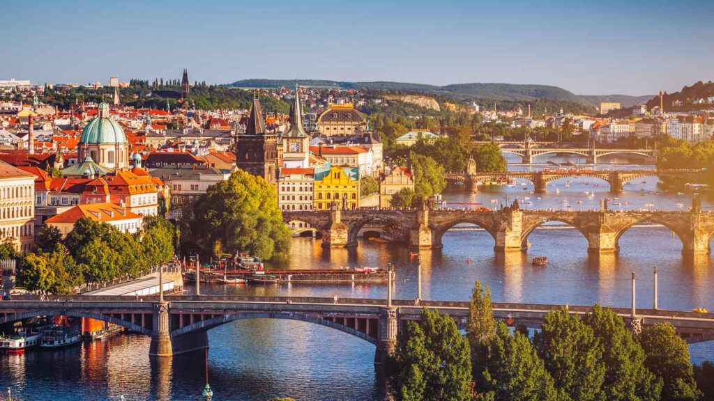 Prague View of the Vltava River and the bridges shined with the sunset sun, Prague, the Czech Republic