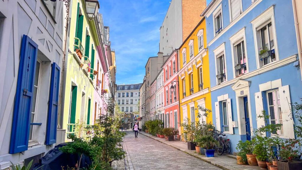 France, Paris Colorful Buildings Rue Cremieux