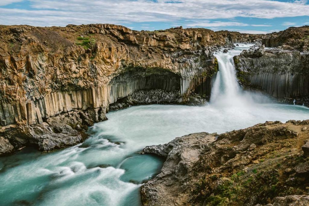 Icelandic summer landscape of the Aldeyjarfoss waterfall in north Iceland. The waterfall is situated in the northern part of the Sprengisandur Road within the Highlands of Iceland.