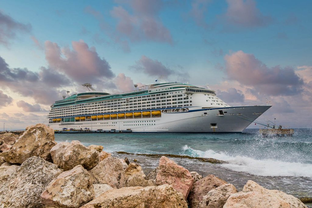 View of balconies and side of a luxury cruise ship in the Caribbean