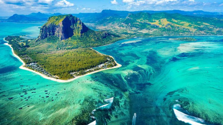 Aerial view of the nature reef in a beautiful colorful bay, Mauritius island