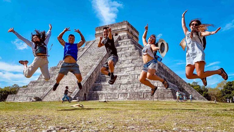 Mexico, Chichen Itza Ruins Friends Nomadicated and friends Jumping
