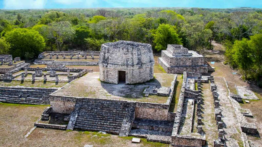 a view of the mayan observatory in the ancient city of Mayapan. A mayan archeological ruins. marvelous legacy of mayan culture.