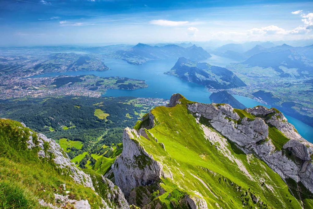 Beautiful view to Lucerne lake (Vierwaldstattersee), mountain Rigi and Buergerstock from Pilatus, Swiss Alps, Central Switzerland