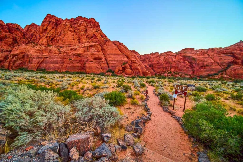 Explore the breathtaking beauty of Jennys Canyon in Snow Canyon State Park, Utah. A red rock formation towers majestically against a blue sky, inviting adventurers to wander its serene desert trails.