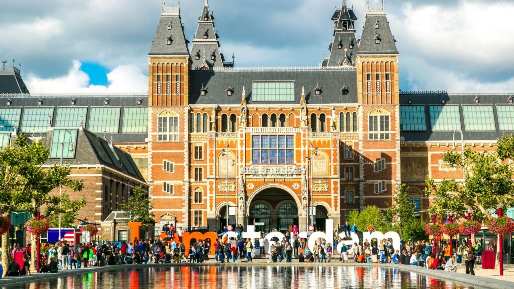 Amsterdam, Rijksmuseum front view with words I Amsterdam