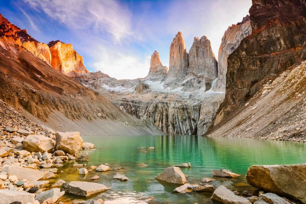 Chile, Patagonia, Torres del Paine National Park with granite towers and turquoise lake