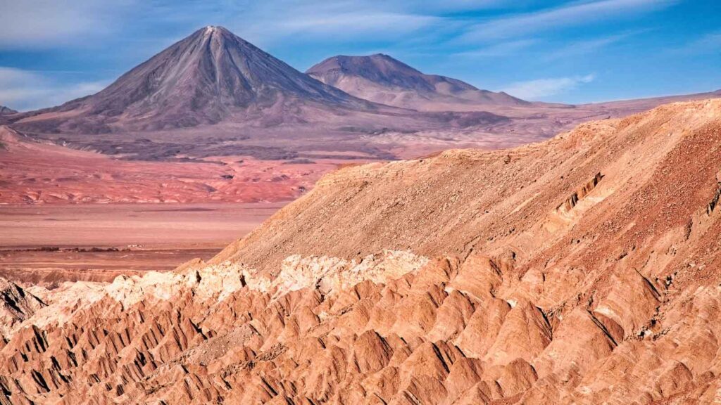 view from Valle de la Muerte (Death Valley) on the volcanoes Licancabur and Juriques, Chile