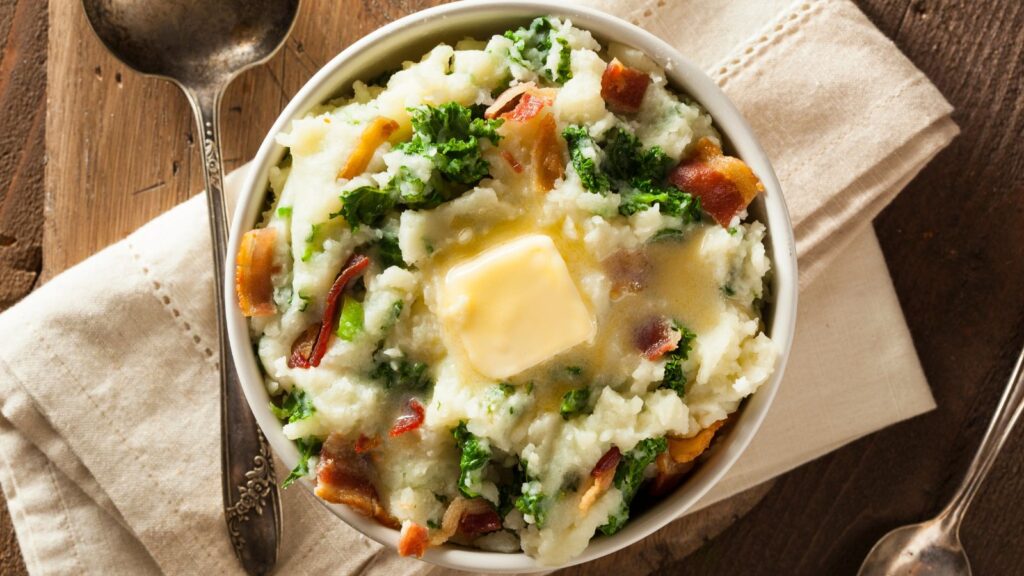Food, Homemade Irish Potato Colcannon Mash with greens and pork