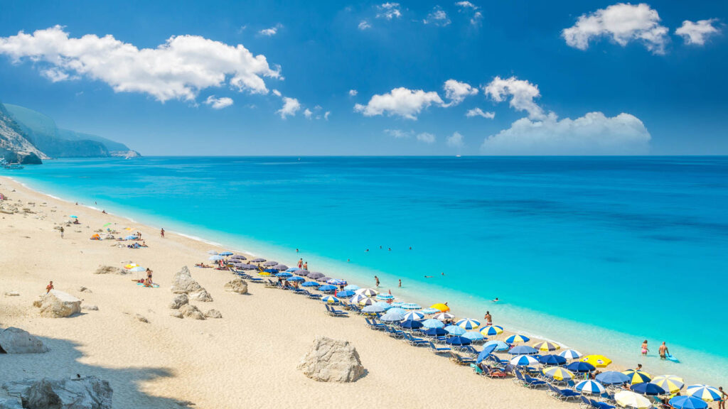 Large and long beach with turquoise water on the island of Lefkada in Greece