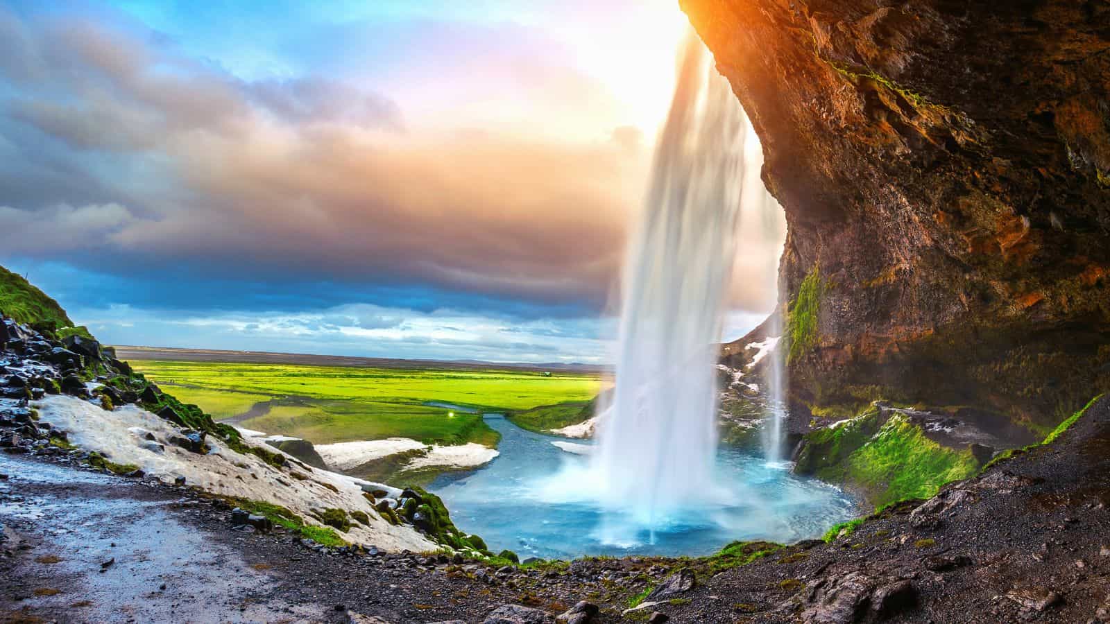 Iceland, Seljalandsfoss waterfall during the sunset