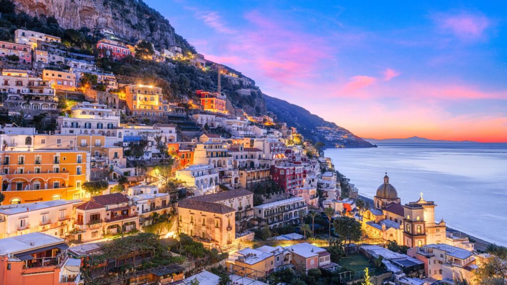 Italy, Positano along the Amalfi Coast at dusk