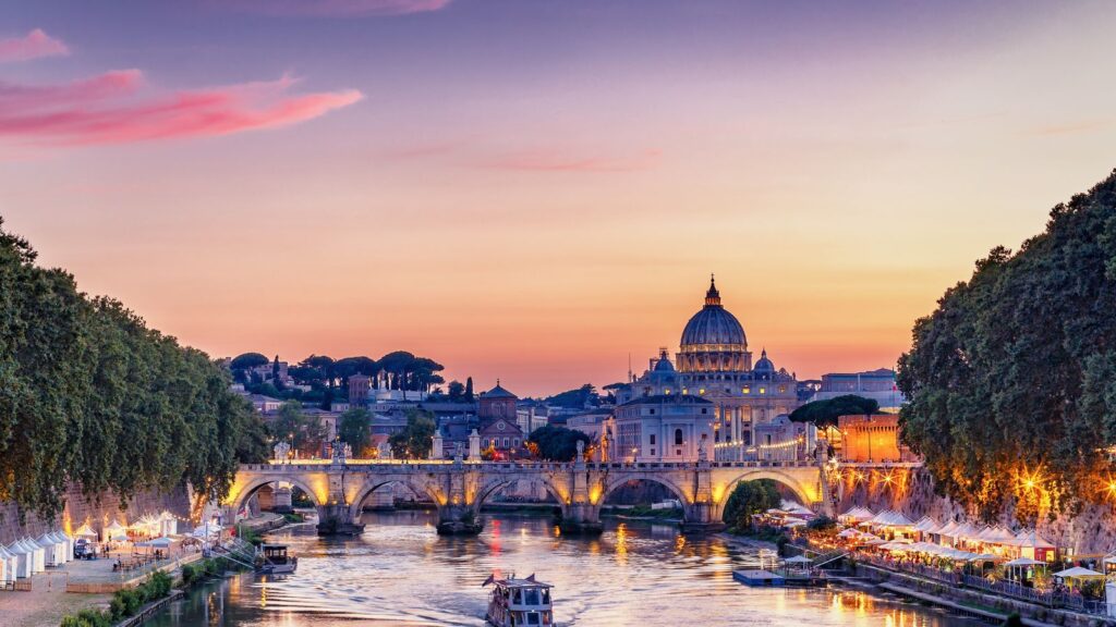 Scenic view of Rome, Italy, at sunset. Colorful travel background.