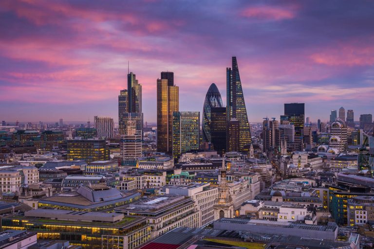 London, Bank district skyline at magic hour after sunset