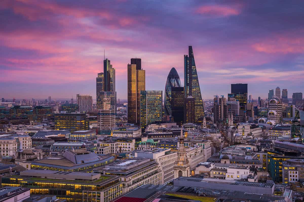 London, Bank district skyline at magic hour after sunset