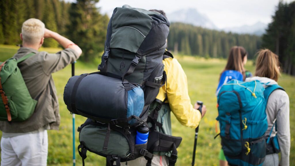 People, Hiking Gear, Group of hikers with backpacks and sticks walking on mountain