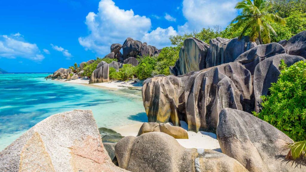 Source d'Argent Beach at island La Digue, Seychelles - Beautifully shaped granite boulders and rock formation - Paradise beach and tropical destination for vacation