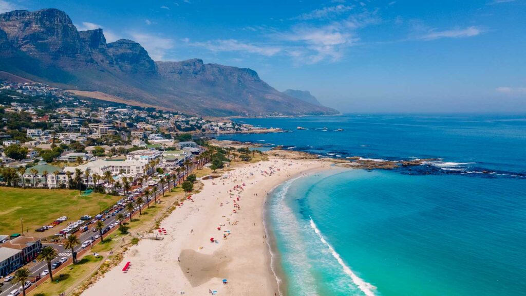 Camps Bay beach Cape Town from above with drone aerial view, Camps Bay Cape Town.