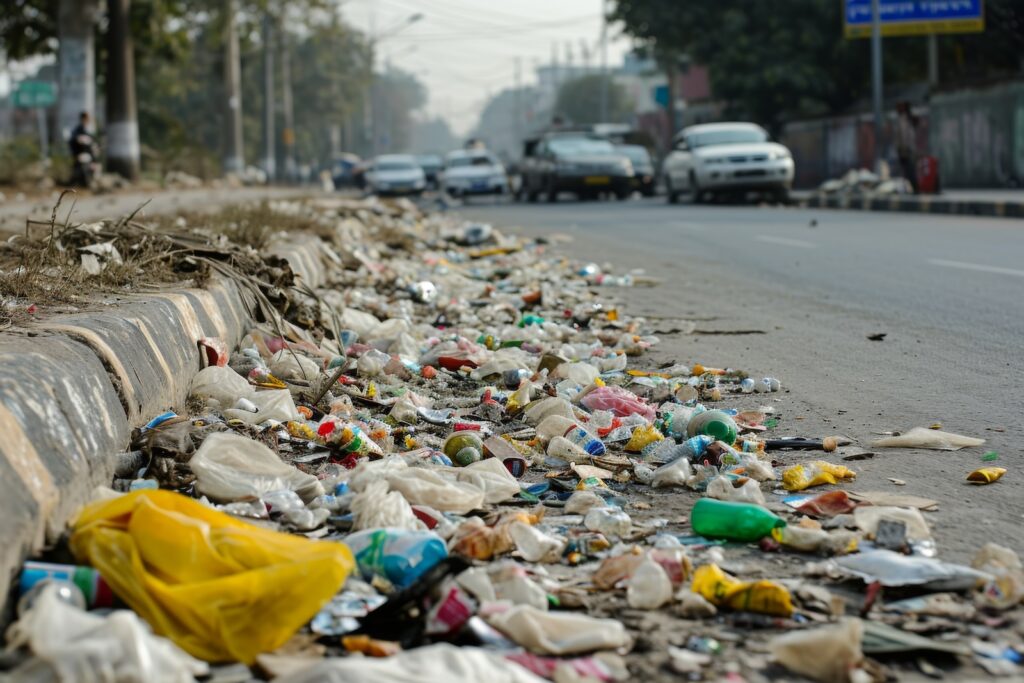 Lot Of Litter On The Roadside In India. Сoncept Plastic Pollution, Waste Management, Environmental Awareness, Clean India Campaign