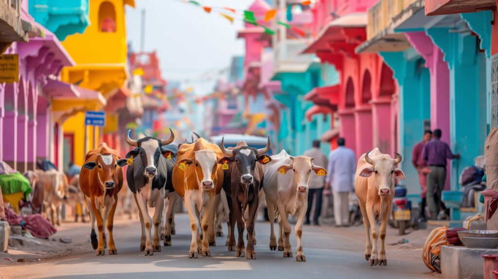 Cows walking down a bustling street in India, vibrant city life backdrop.