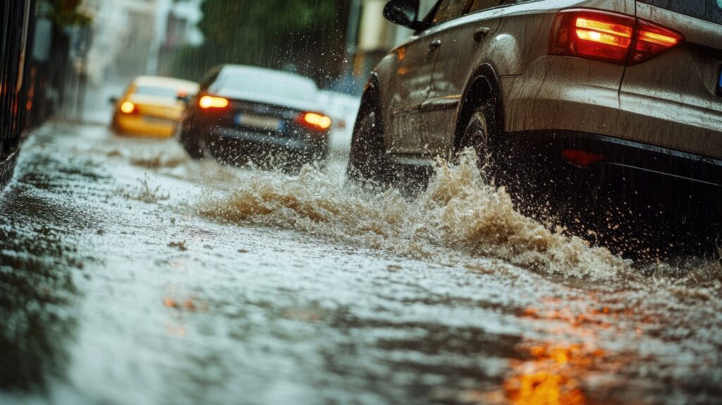 Cars driving cautiously through a flooded street in an urban environment, water splashing from the tires