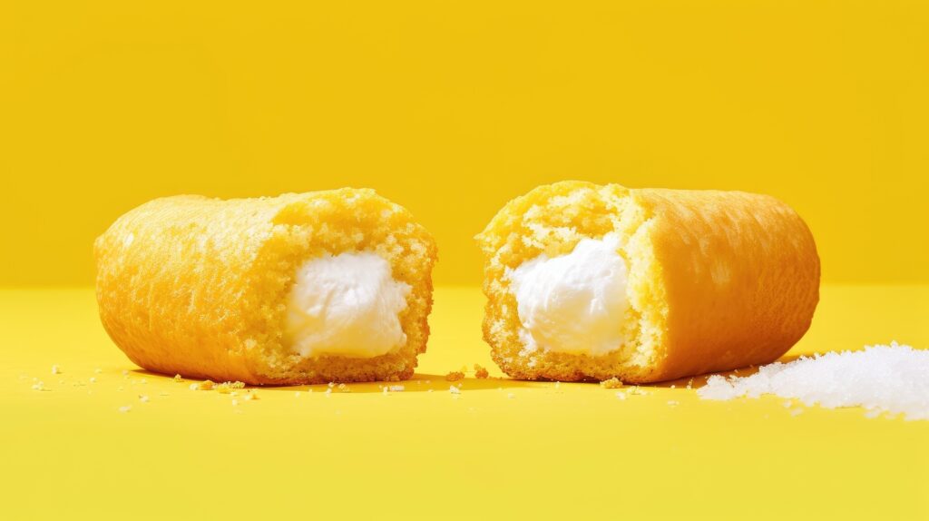 Two cream-filled Twinkies on a vibrant yellow background