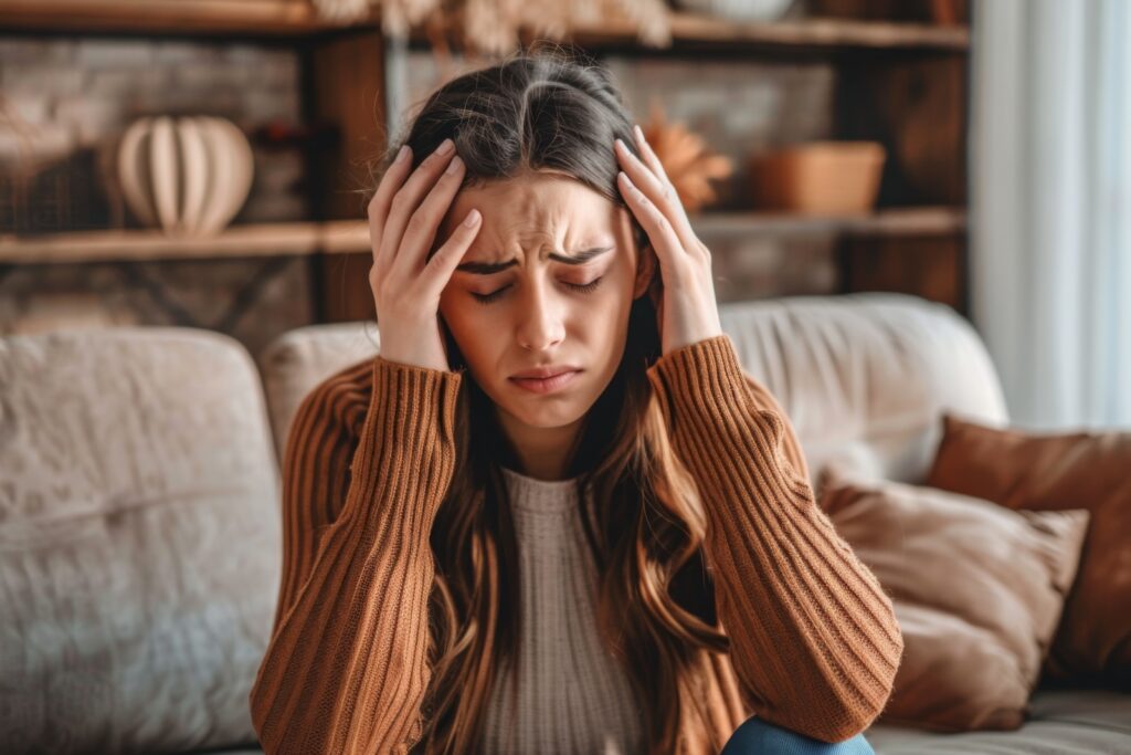 Woman in Distress Holding Head in Living Room