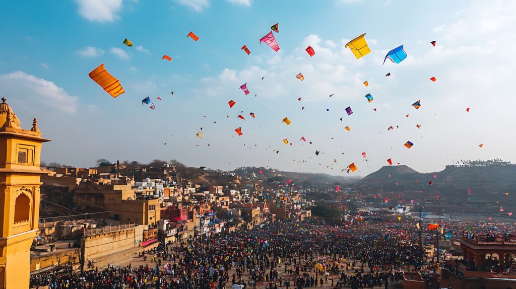 Colorful kites fill the sky above a large crowd during a vibrant festival.