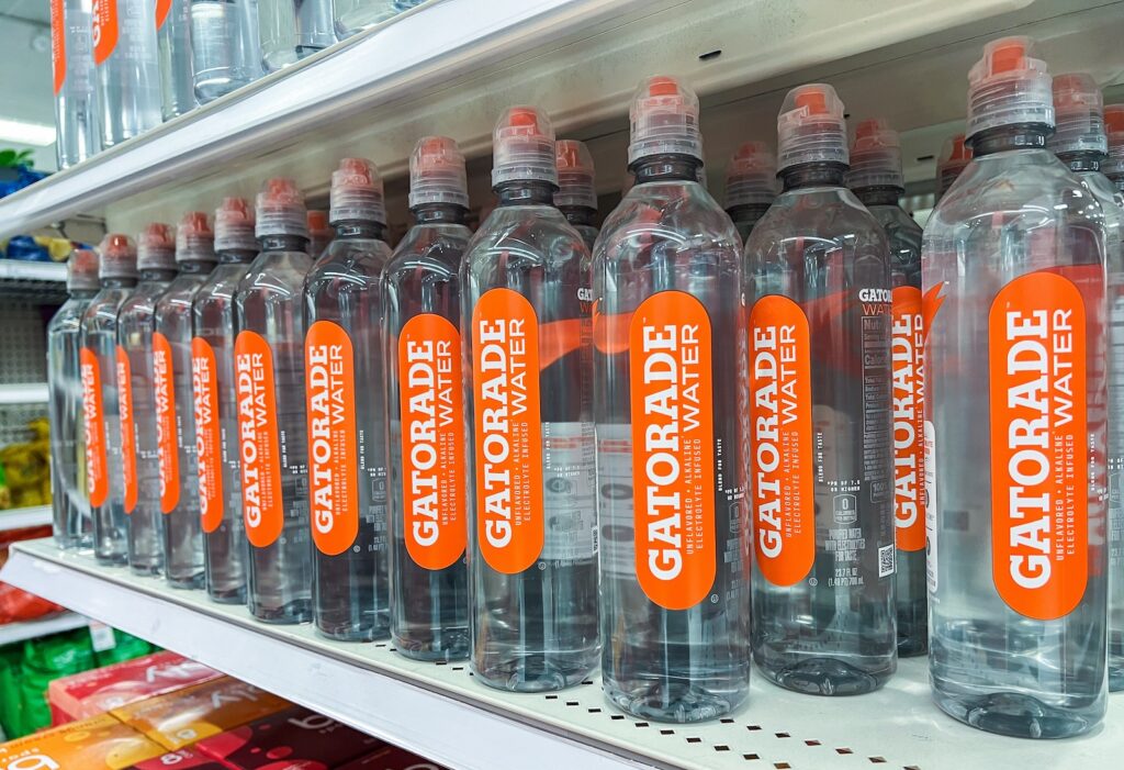 Bottles of Gatorade brand unflavored alkaline electrolyte water for sale at a local supermarket shelf