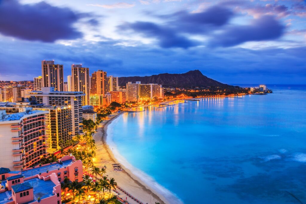 Honolulu, Hawaii. Skyline of Honolulu, Diamond Head volcano incl