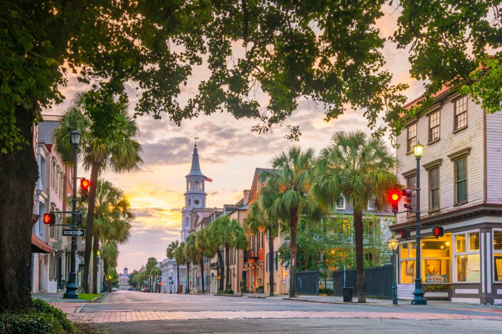 Historical downtown area of  Charleston, South Carolina, USA at twilight.