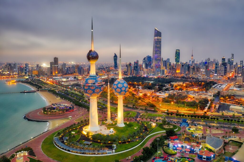 Kuwait Tower City Skyline glowing at night, taken in Kuwait