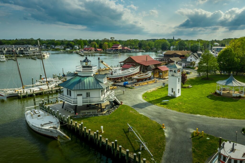 Aerial panorama of shipyard and lighthouse in St. Michaels harbor in Maryland in the Chesapeake Bay