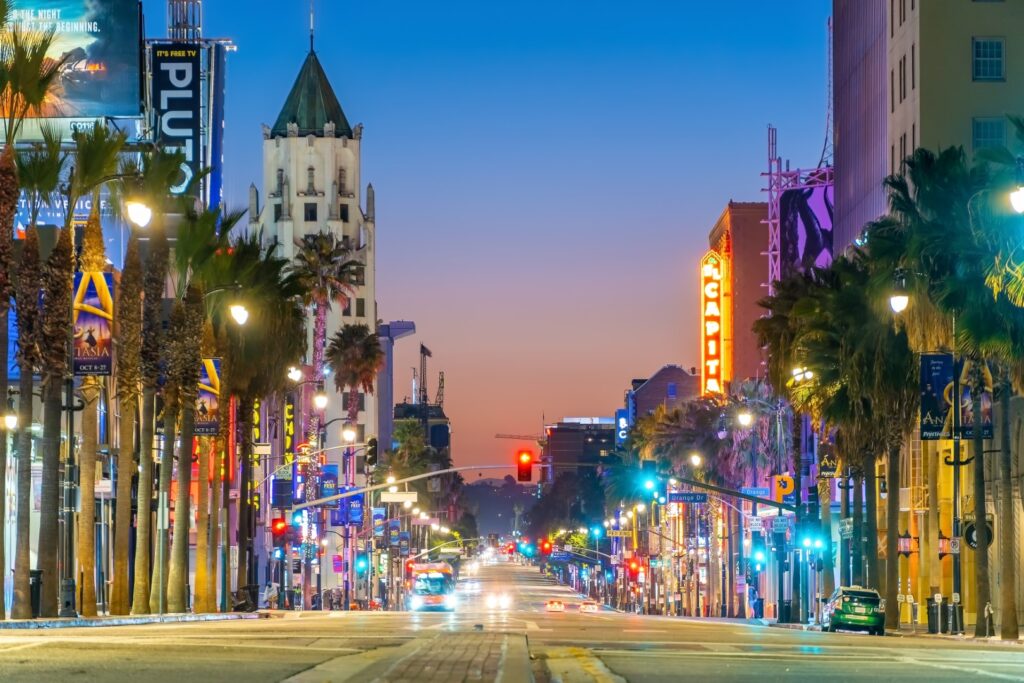 View of world famous Hollywood Boulevard district in Los Angeles, California, USA at twilight.