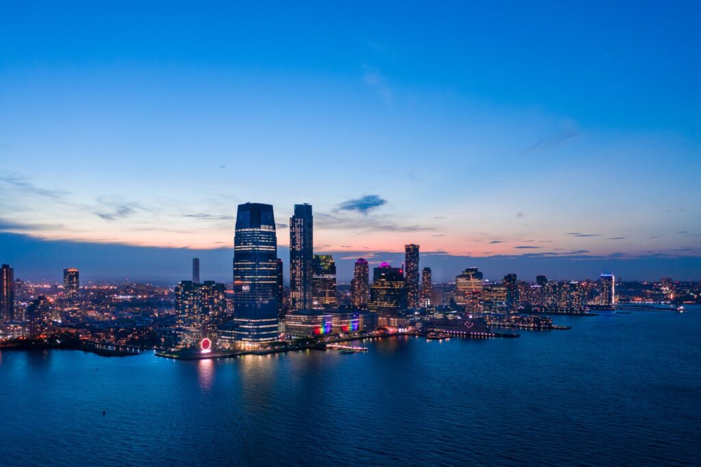 Aerial view of Jersey Skyline at Dusk, new jersey.