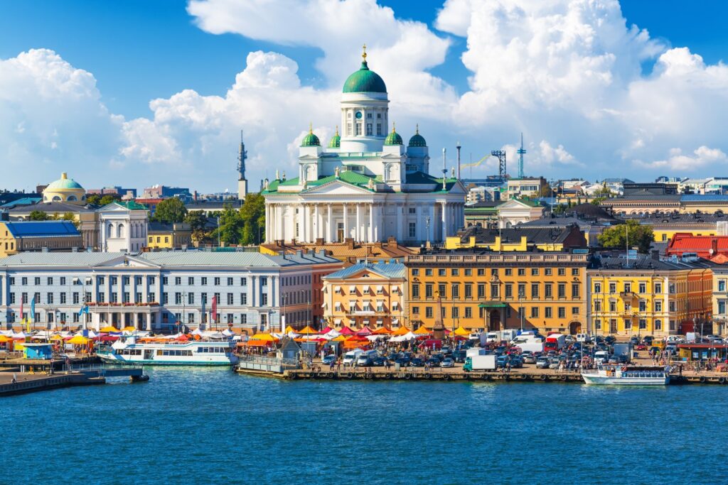 Scenic summer panorama of the Market Square (Kauppatori) at the Old Town pier in Helsinki, Finland