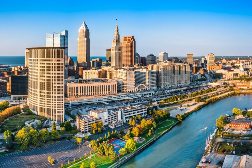 Aerial view of Cleveland, Ohio skyline at sunset