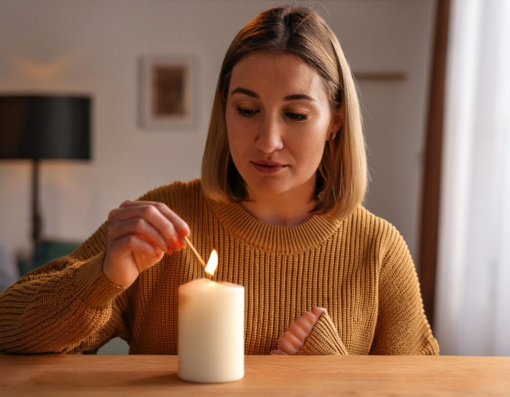 Firefly person lightining a candle using safety match