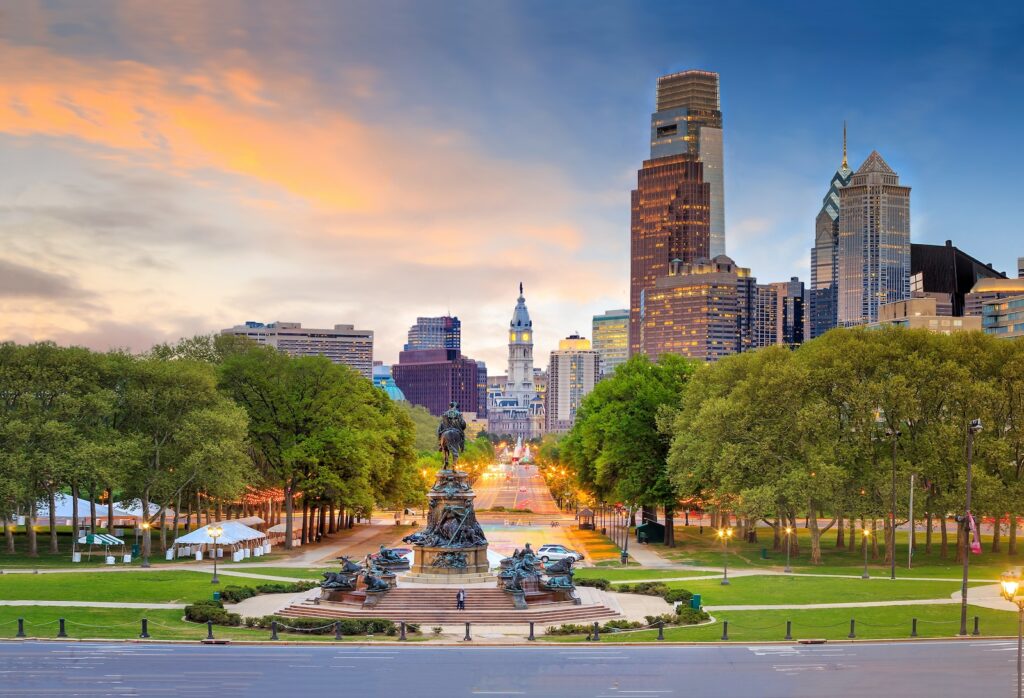 Beautiful philadelphia downtown skyline at sunset USA