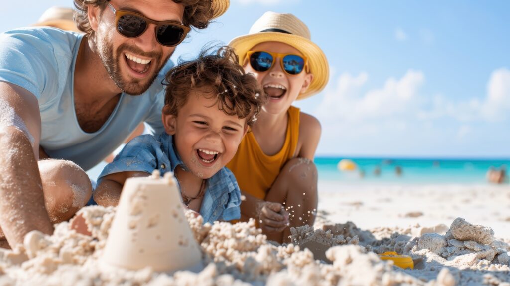 A father and his two young boys laughing and building sandcastles together on a sunny beach day, showcasing family bonding and the joy of outdoor activities.