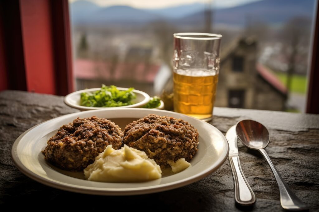 203_43. Scottish haggis presented on a misty Highland village table. Photo --ar 3:2 --v 5.2 Job ID: 9b444da1-69cd-422c-b3fe-a7f2a85f3828