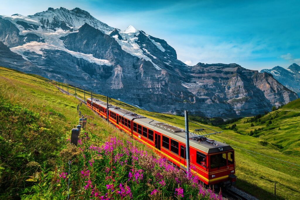 Fantastic cogwheel railway with electric red tourist train. Snowy Jungfrau mountains with glaciers, flowery fields and red passenger train, Kleine Scheidegg, Grindelwald, Bernese Oberland, Switzerland, Europe