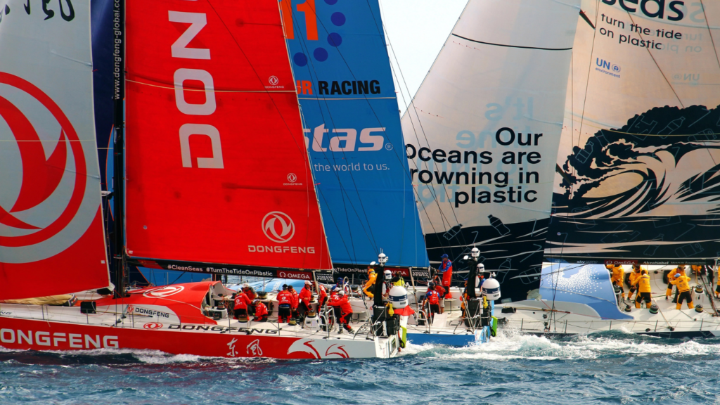 Various Teams of OPEN 65 sailboats fighting moments after start Leg 1 Alicante-Lisbon of the Volvo Ocean Race 2017